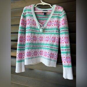 Limited Too Girls XS V Neck Sweater Beads Sparkles White Green Pink